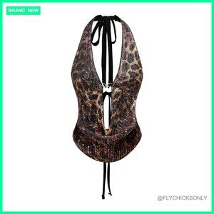 Sequin Cheetah Print Corset Halter Top Y2K Tie Back Crop